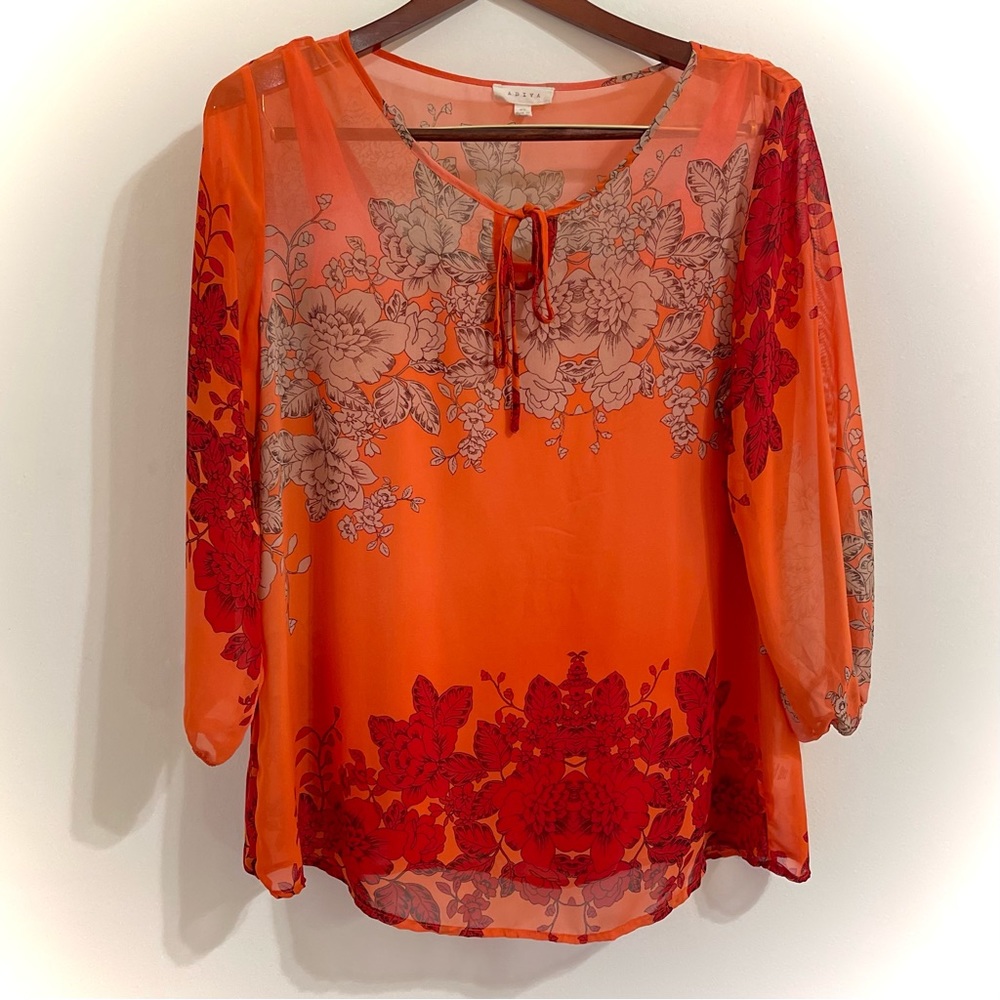 Adiva Women’s Sheer Red-Orange Floral Blouse With Slip